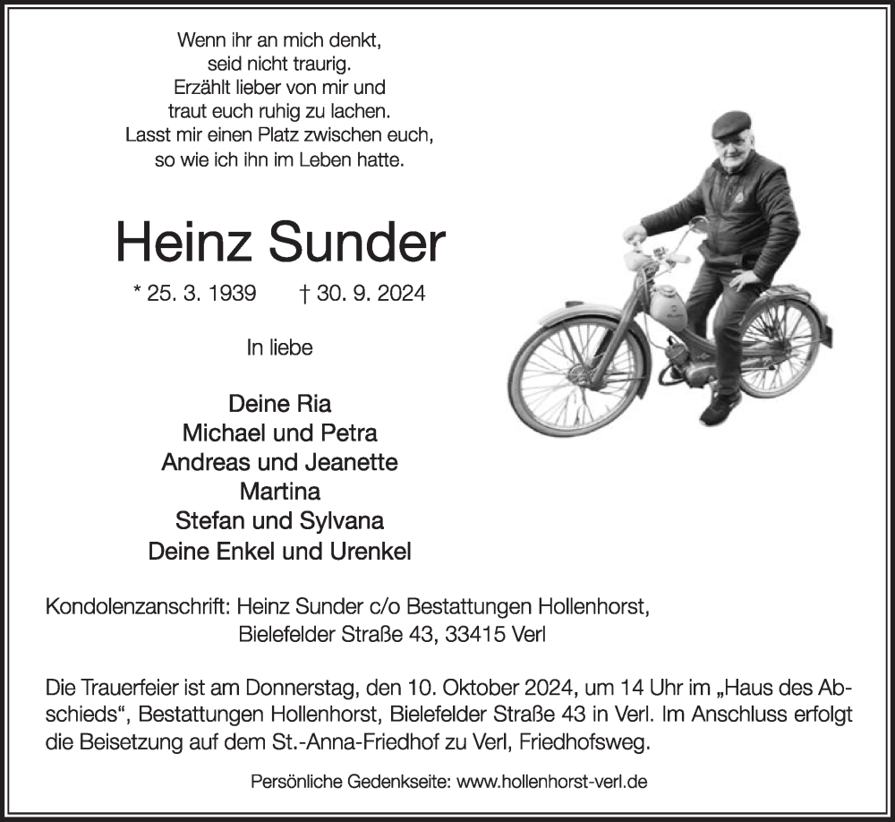  Traueranzeige für Heinz Sunder vom 05.10.2024 aus Die Glocke