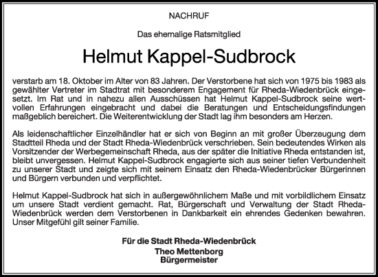 Traueranzeige von Helmut Kappel-Sudbrock von Die Glocke