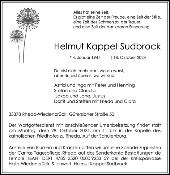 Traueranzeige von Helmut Kappel-Sudbrock von Die Glocke