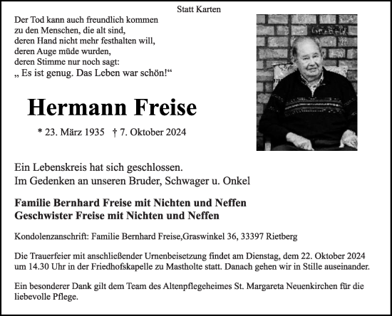 Traueranzeige von Hermann Freise von Die Glocke