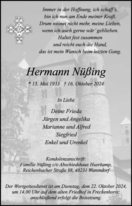 Traueranzeige von Hermann Nüßing von Die Glocke