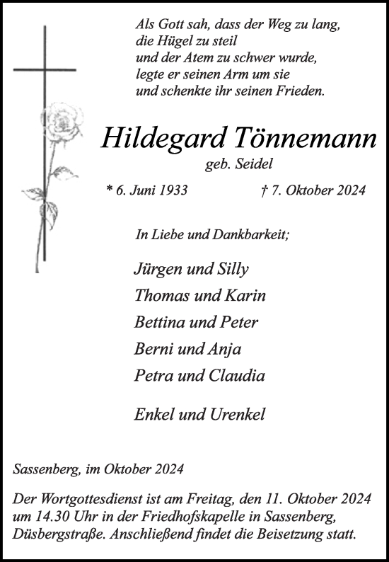 Traueranzeige von Hildegard Tönnemann von Die Glocke