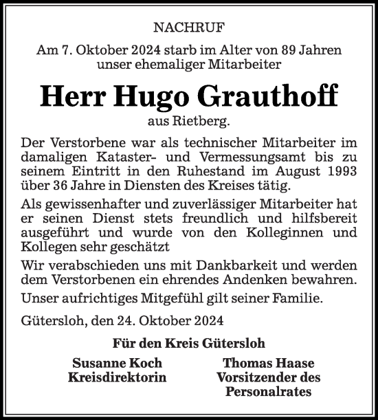 Traueranzeige von Hugo Grauthoff von Die Glocke