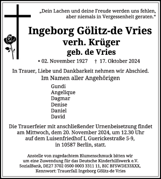 Traueranzeige von Ingeborg Gölitz-de Vries von Die Glocke