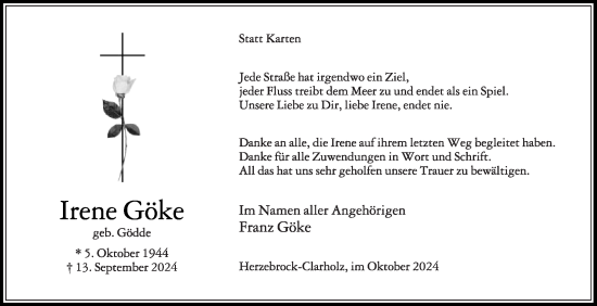 Traueranzeige von Irene Göke von Die Glocke