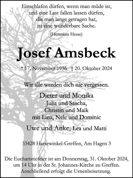 Traueranzeige von Josef Amsbeck von Die Glocke