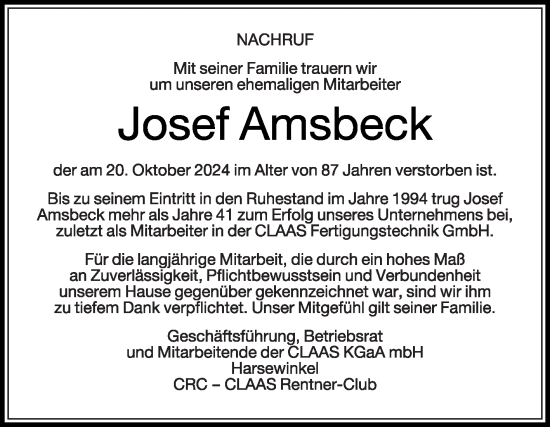 Traueranzeige von Josef Amsbeck von Die Glocke