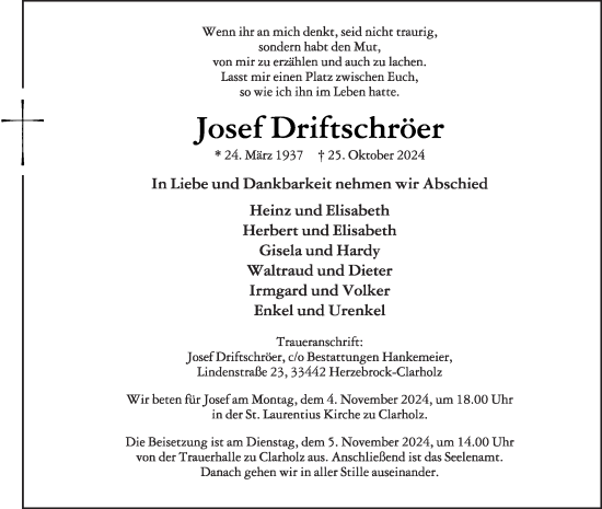 Traueranzeige von Josef Driftschröer von Die Glocke