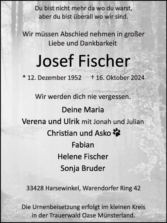 Traueranzeige von Josef Fischer von Die Glocke