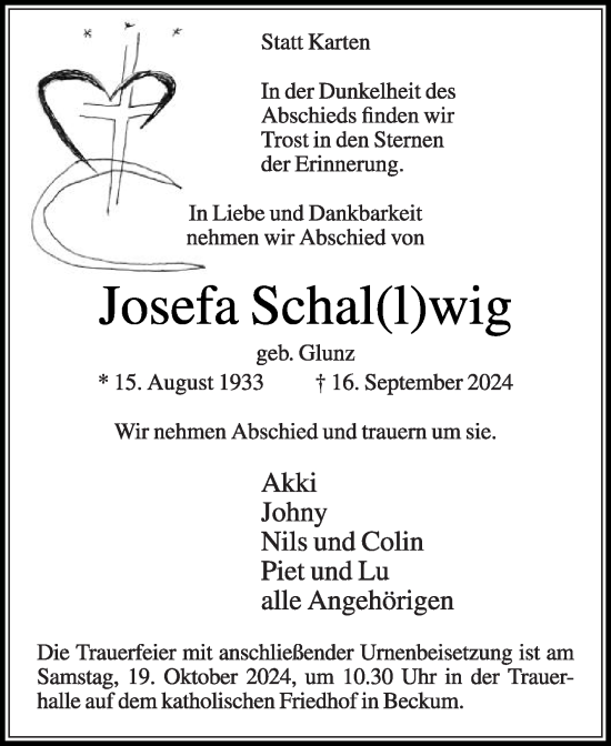 Traueranzeige von Josefa Schalwig von Die Glocke