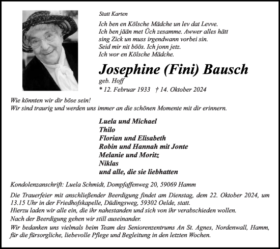 Traueranzeige von Josephine Bausch von Die Glocke