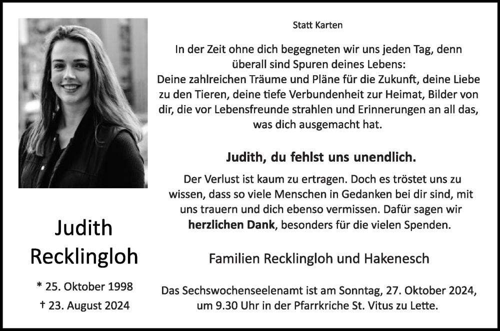  Traueranzeige für Judith Recklingloh vom 19.10.2024 aus Die Glocke