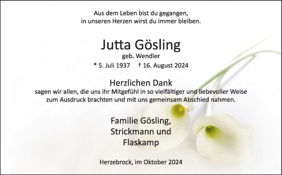 Traueranzeige von Jutta Gösling von Die Glocke