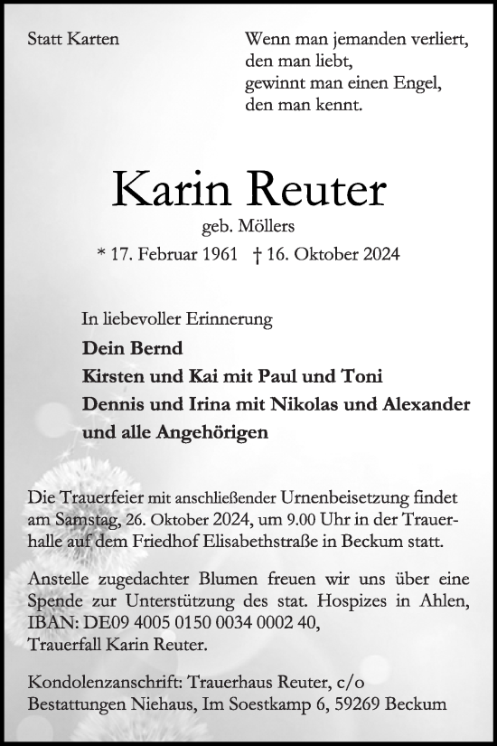 Traueranzeige von Karin Reuter von Die Glocke