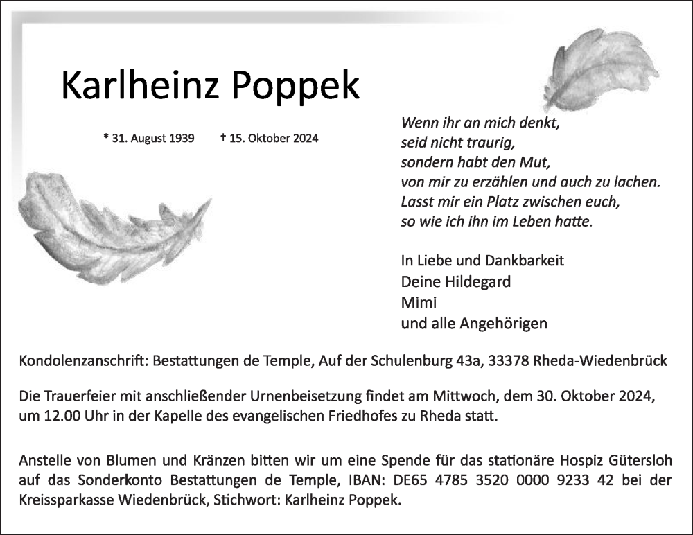  Traueranzeige für Karlheinz Poppek vom 26.10.2024 aus Die Glocke