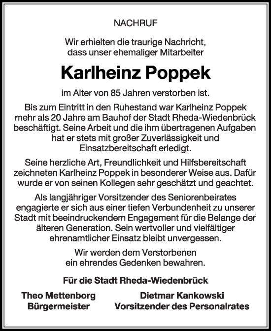 Traueranzeige von Karlheinz Poppek von Die Glocke