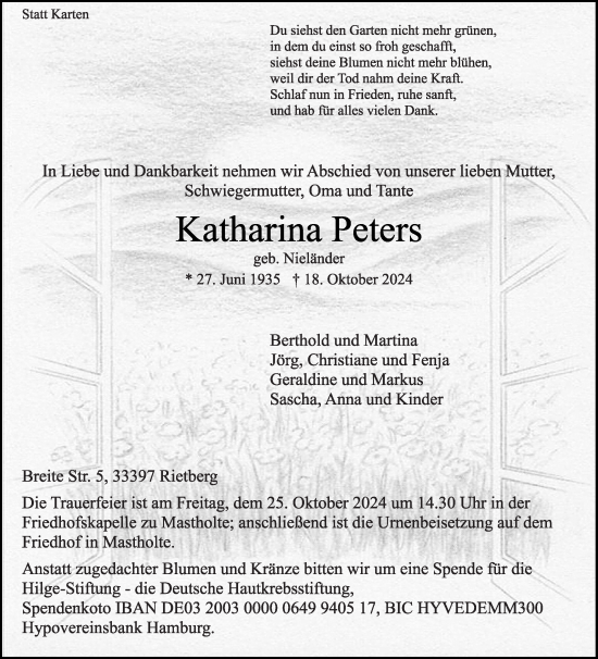 Traueranzeige von Katharina Peters von Die Glocke