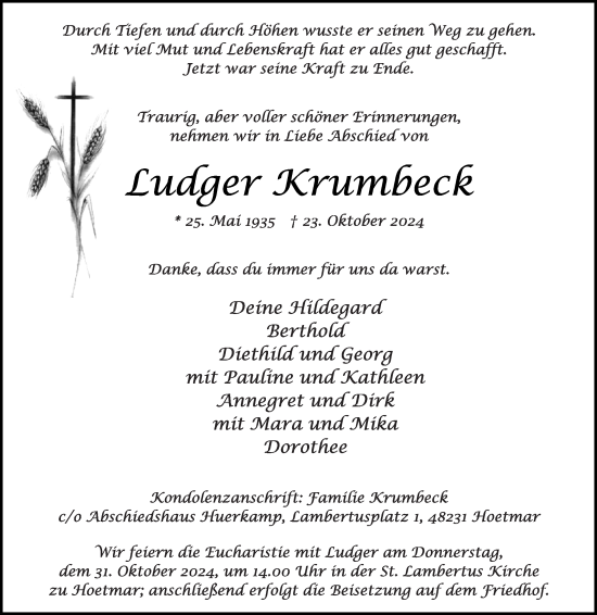 Traueranzeige von Ludger Krumbeck von Die Glocke