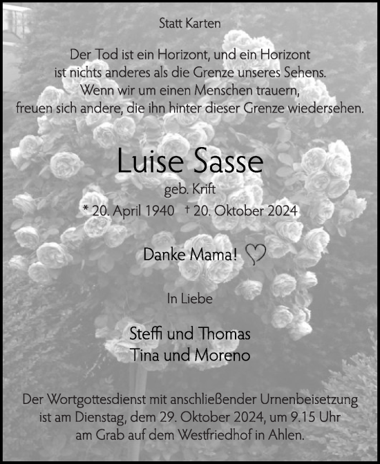 Traueranzeige von Luise Sasse von Die Glocke