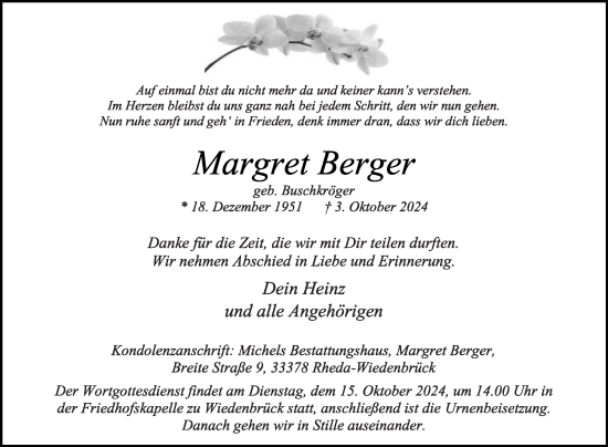 Traueranzeige von Margret Berger von Die Glocke