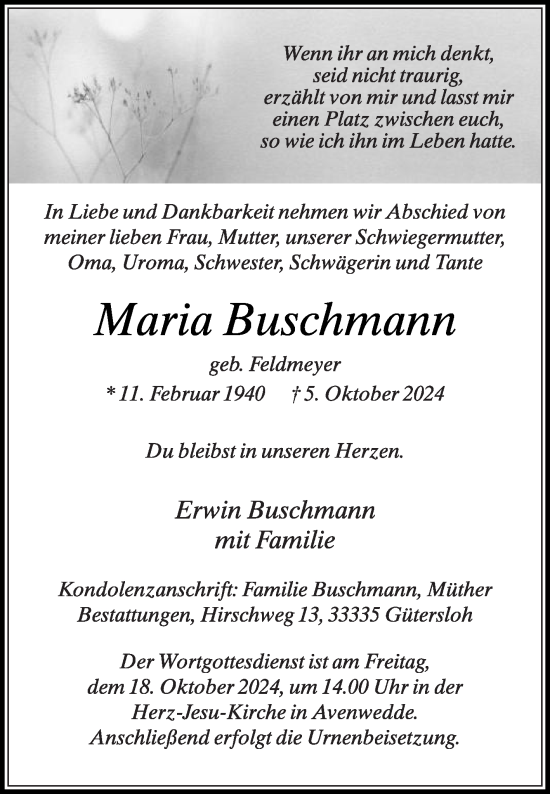 Traueranzeige von Maria Buschmann von Die Glocke