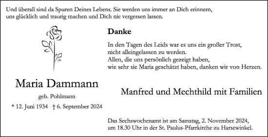 Traueranzeige von Maria Dammann von Die Glocke