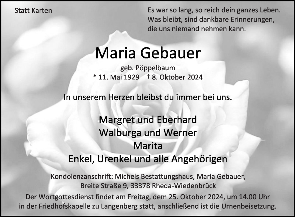  Traueranzeige für Maria Gebauer vom 16.10.2024 aus Die Glocke