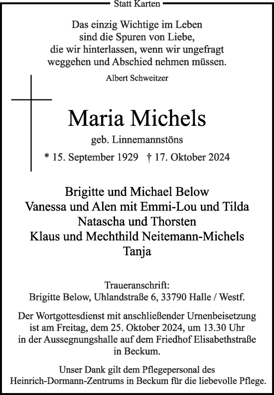 Traueranzeige von Maria Michels von Die Glocke