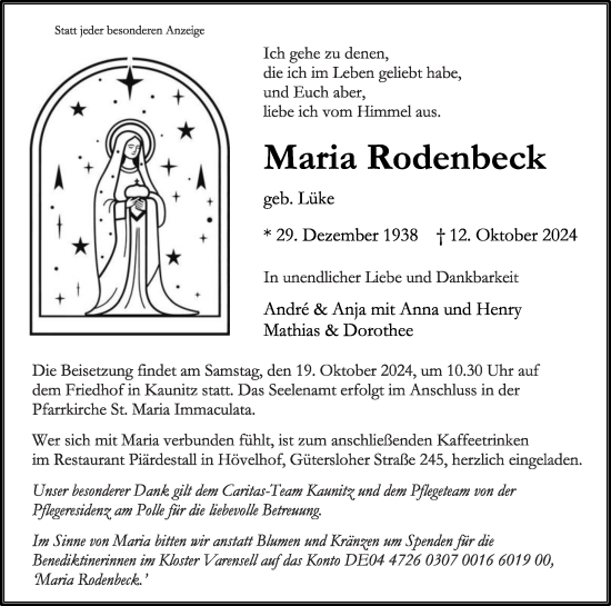 Traueranzeige von Maria Rodenbeck von Die Glocke