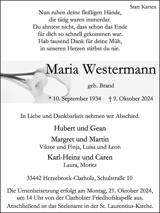 Traueranzeige von Maria  Westermann von Die Glocke