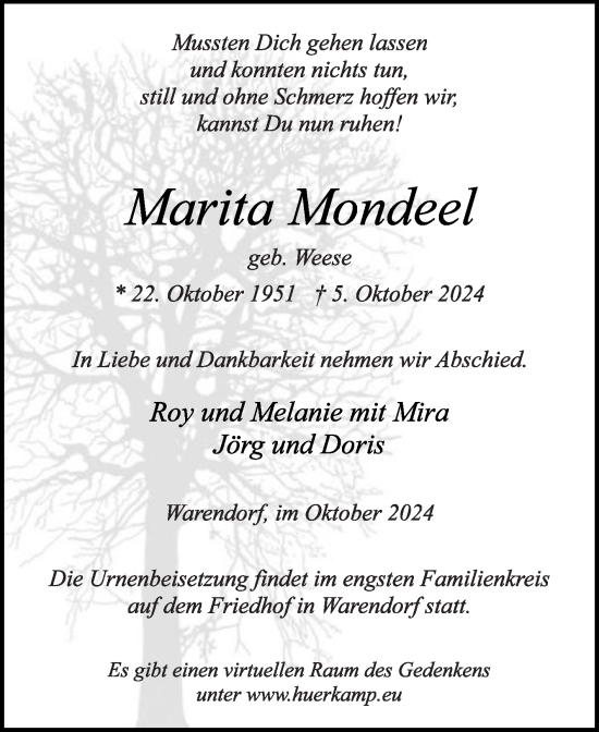 Traueranzeige von Marita Mondeel von Die Glocke