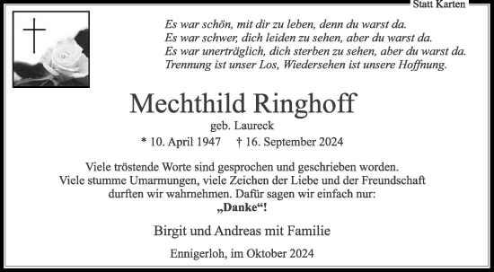 Traueranzeige von Mechthild Ringhoff von Die Glocke