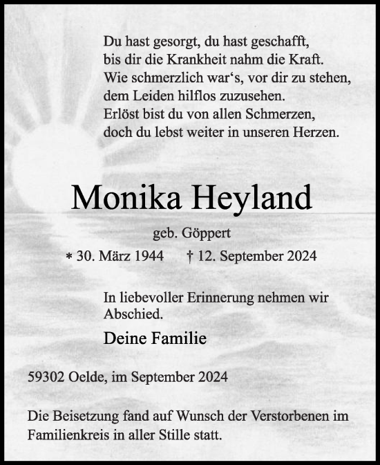 Traueranzeige von Monika Heyland von Die Glocke