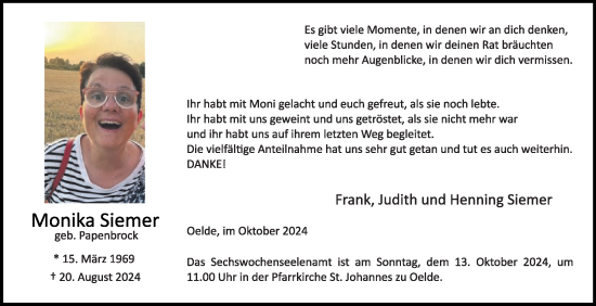 Traueranzeige von Monika Siemer von Die Glocke