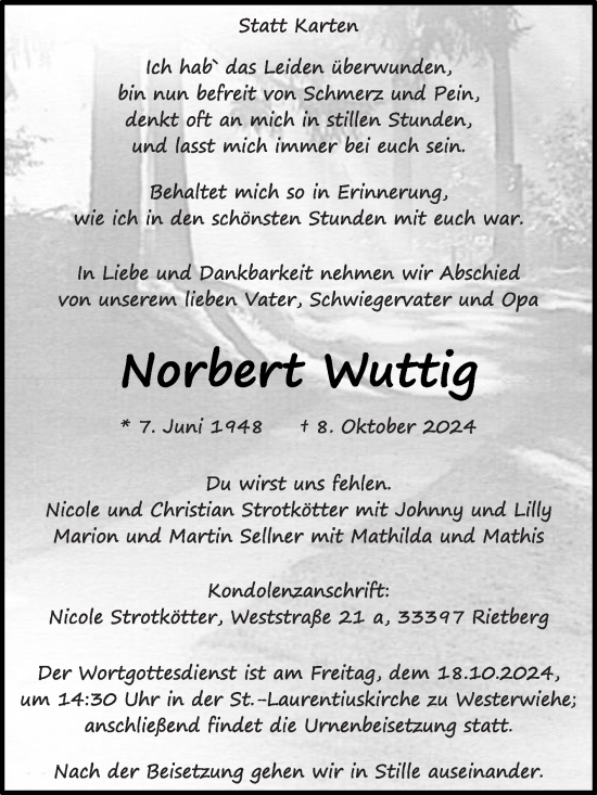 Traueranzeige von Norbert Wuttig von Die Glocke