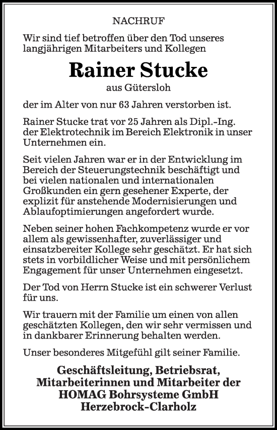 Traueranzeige von Rainer Stucke von Die Glocke