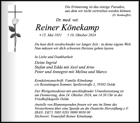 Traueranzeige von Reiner Könekamp von Die Glocke