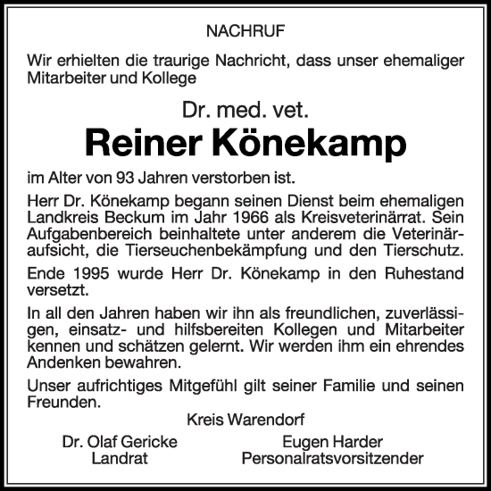 Traueranzeige von Reiner Könekamp von Die Glocke