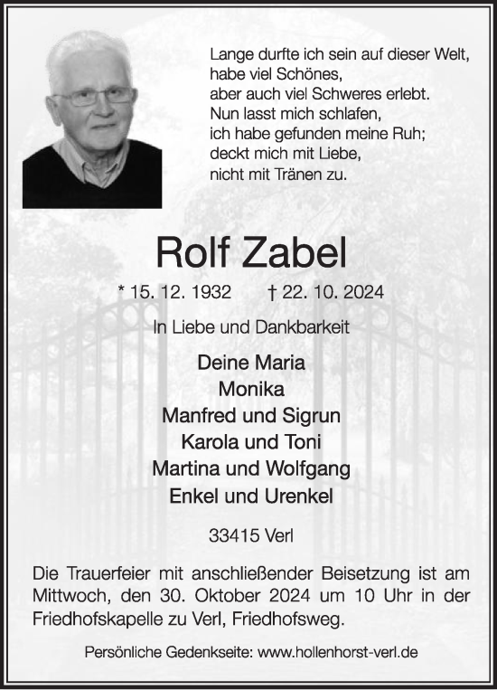 Traueranzeige von Rolf Zabel von Die Glocke