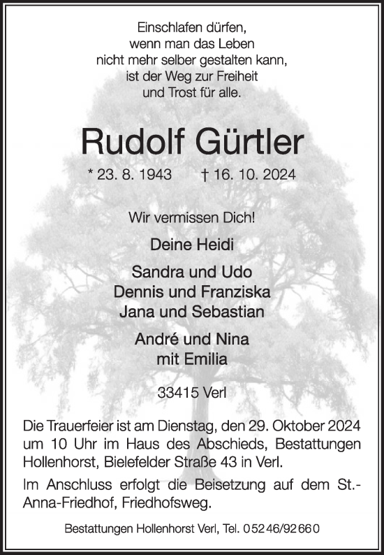 Traueranzeige von Rudolf Gürtler von Die Glocke