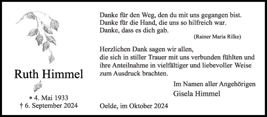 Traueranzeige von Ruth Himmel von Die Glocke