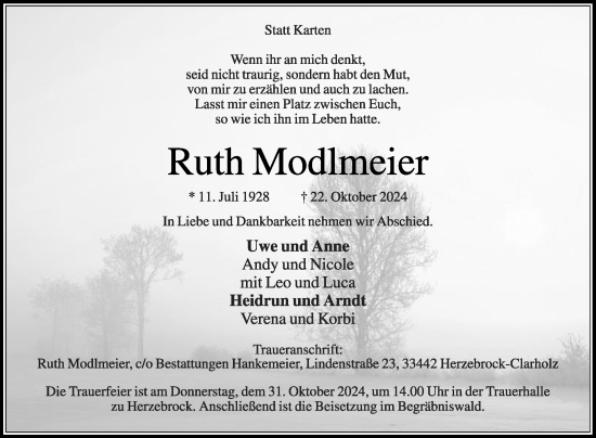 Traueranzeige von Ruth Modlmeier von Die Glocke