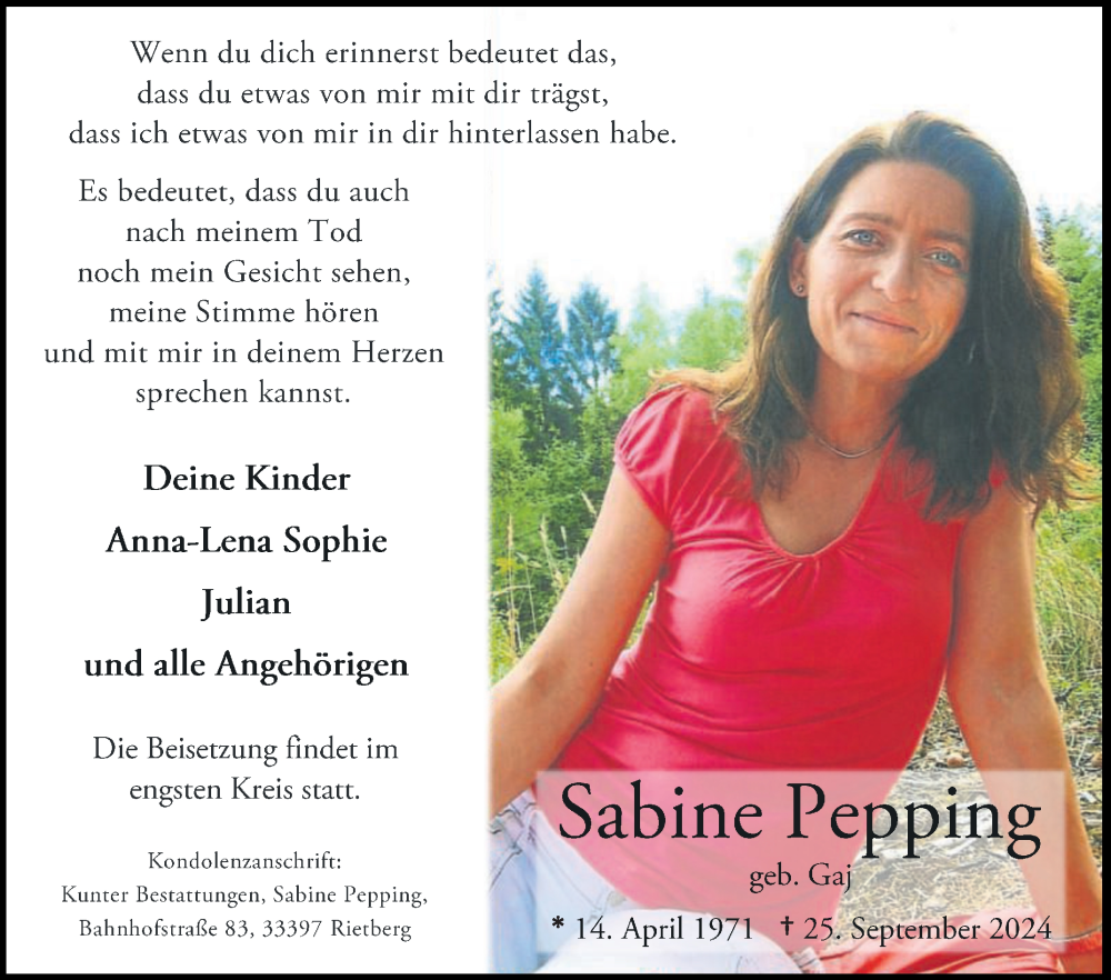  Traueranzeige für Sabine Pepping vom 02.10.2024 aus Die Glocke