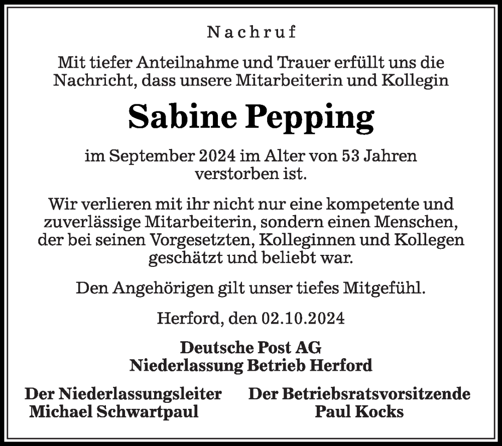  Traueranzeige für Sabine Pepping vom 02.10.2024 aus Die Glocke