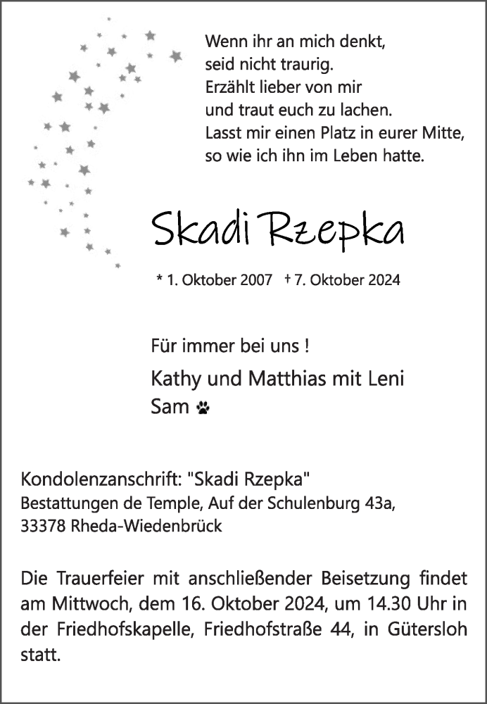  Traueranzeige für Skadi Rzepka vom 12.10.2024 aus Die Glocke