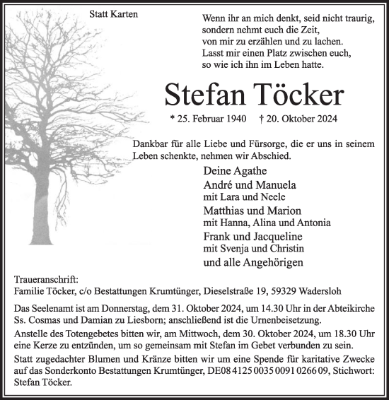 Traueranzeige von Stefan Töcker von Die Glocke