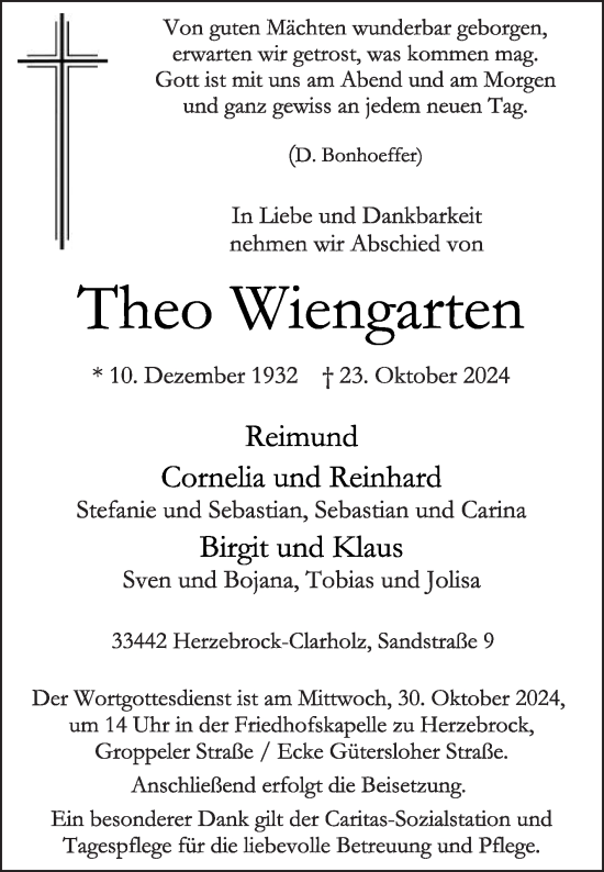 Traueranzeige von Theo Wiengarten von Die Glocke