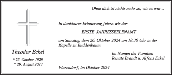 Traueranzeige von Theodor Eckel von Die Glocke