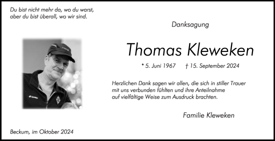 Traueranzeige von Thomas Kleweken von Die Glocke