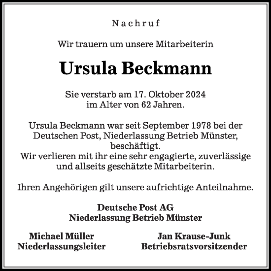 Traueranzeige von Ursula Beckmann von Die Glocke